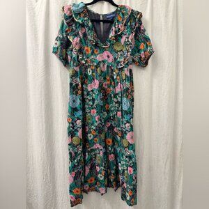 RO'S GARDEN Colorful Cosmos Floral V-Neck Puff Sleeve Ruffle Maxi Dress XL